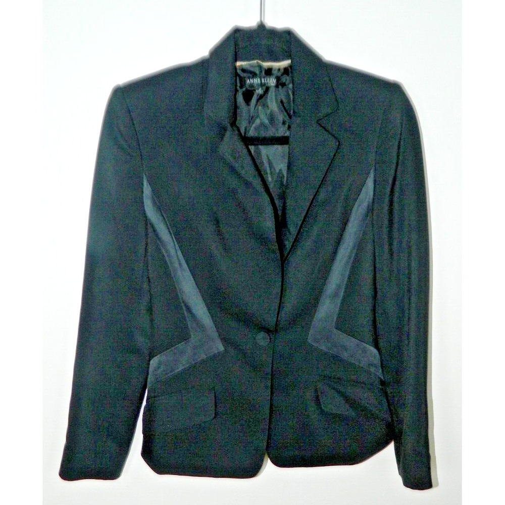Anne Klein Blazer Size 2 Black Satin Trim Hourglass Waist Lapel Collar